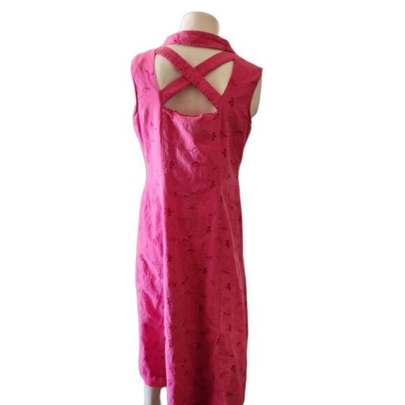 Reese Kelly medium women's pink eyelet linen maxi button up criss cross back dre - Picture 2 of 6